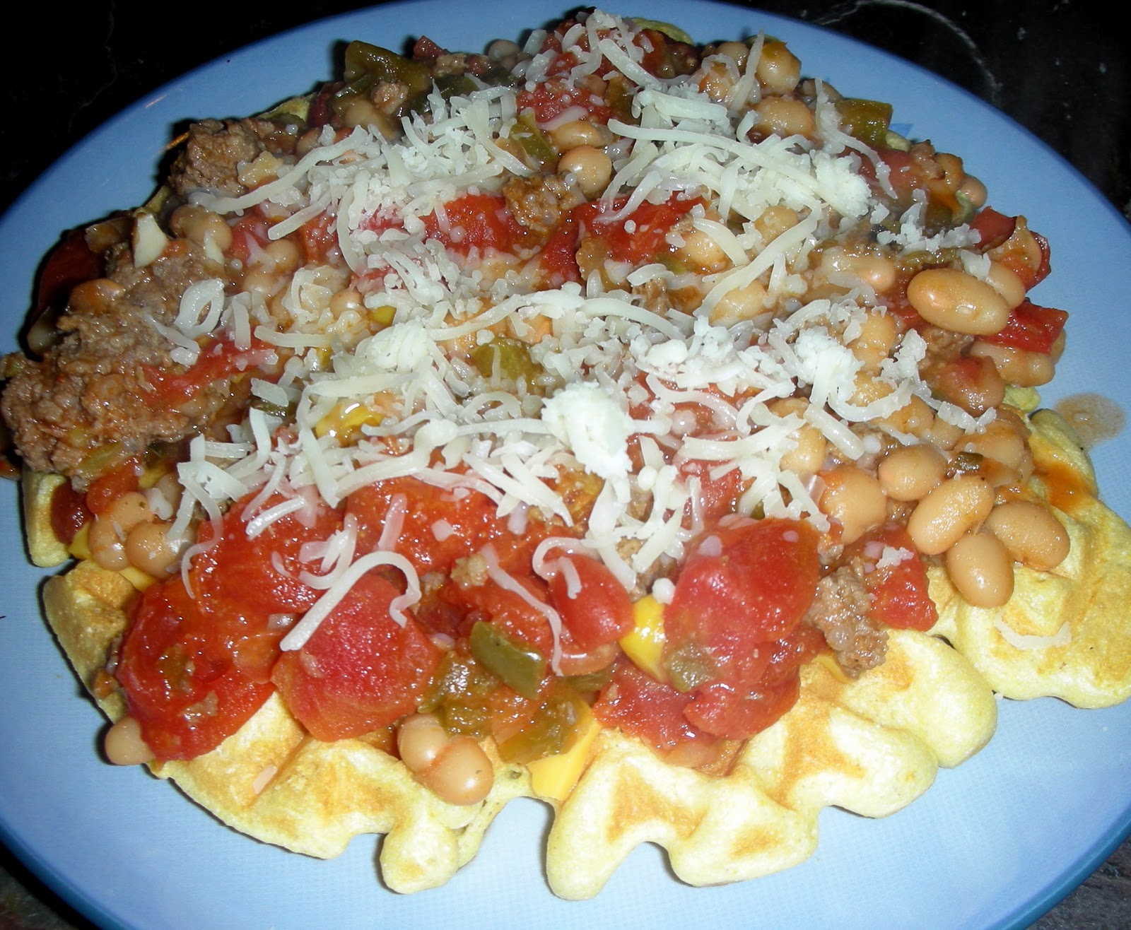 Cornmeal Waffles for Dinner Topped with Homemade Chili