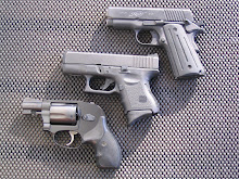 Kimber in 45 ACP, Glock in 40 Auto, Smith & Wesson Bodyguard in 38 Special.