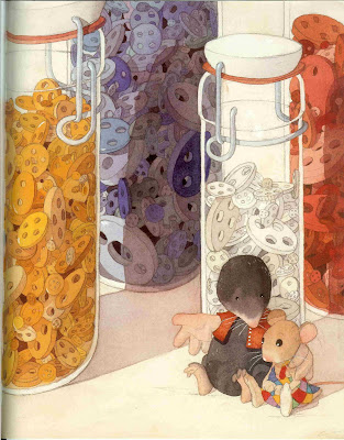Page from a picture book, showing a mole and a mouse in front of a collection of jars of buttons.