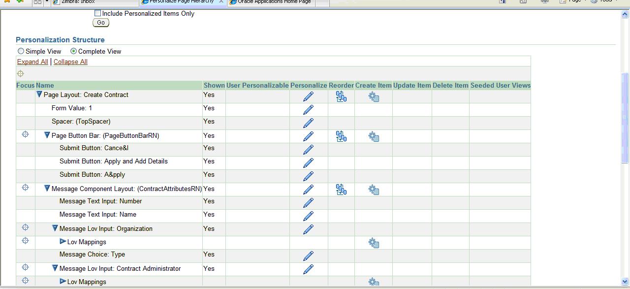 Oracle database and oracle applications personalization of oaf page