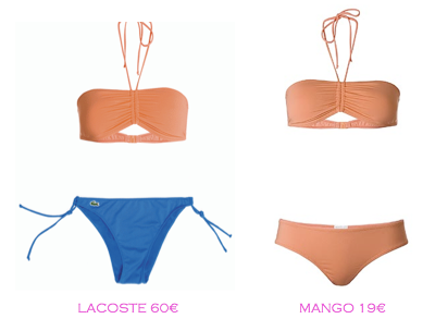 Comparativa precios bikinis rellenitas: Lacoste 60€ vs Mango 19€