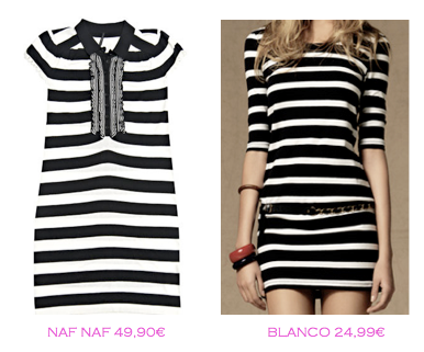 Comparativa precios: Vestidos rayas marineras: Naf Naf 49,90€ vs Blanco 24,99€