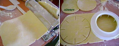 rolling with a pasta machine and cutting the pastry with the pie maker cutters