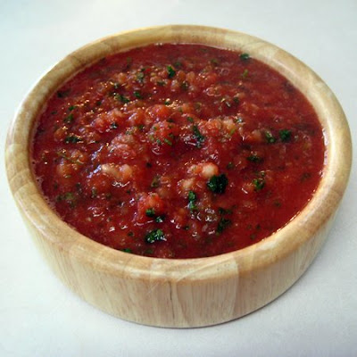 Super Fast Blender salsa in a wooden bowl