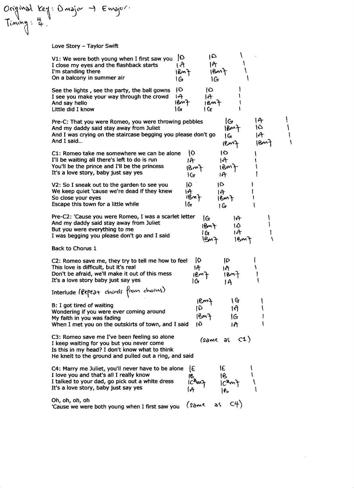 Providing Accurate Chords: Love Story (Taylor Swift)