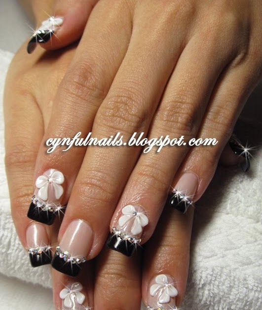 Cynful Nails: Black crystals french tips with mini ribbons