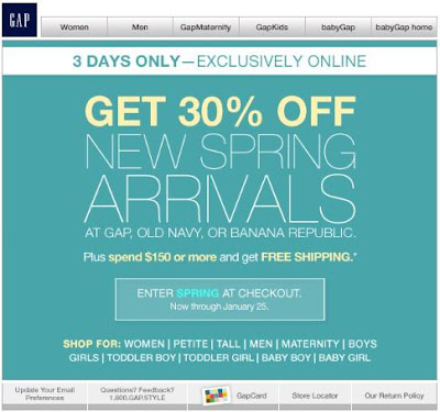 30 Percent off New Arrivals for Gap, Banana Republic or Old Navy