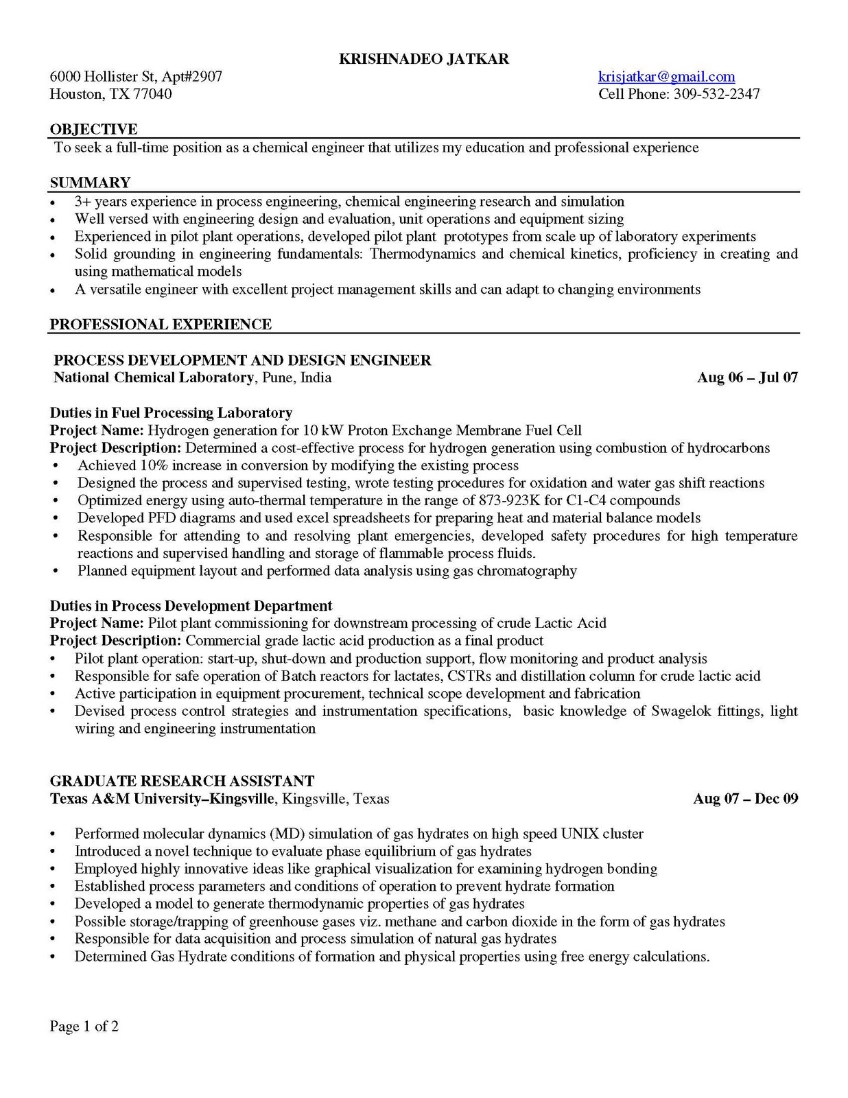 Chemical development engineer refinery resume