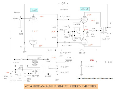 12AT7 - 6CL6 PUSH-PULL TUBE AMPLIFIER Circuit Schematic With