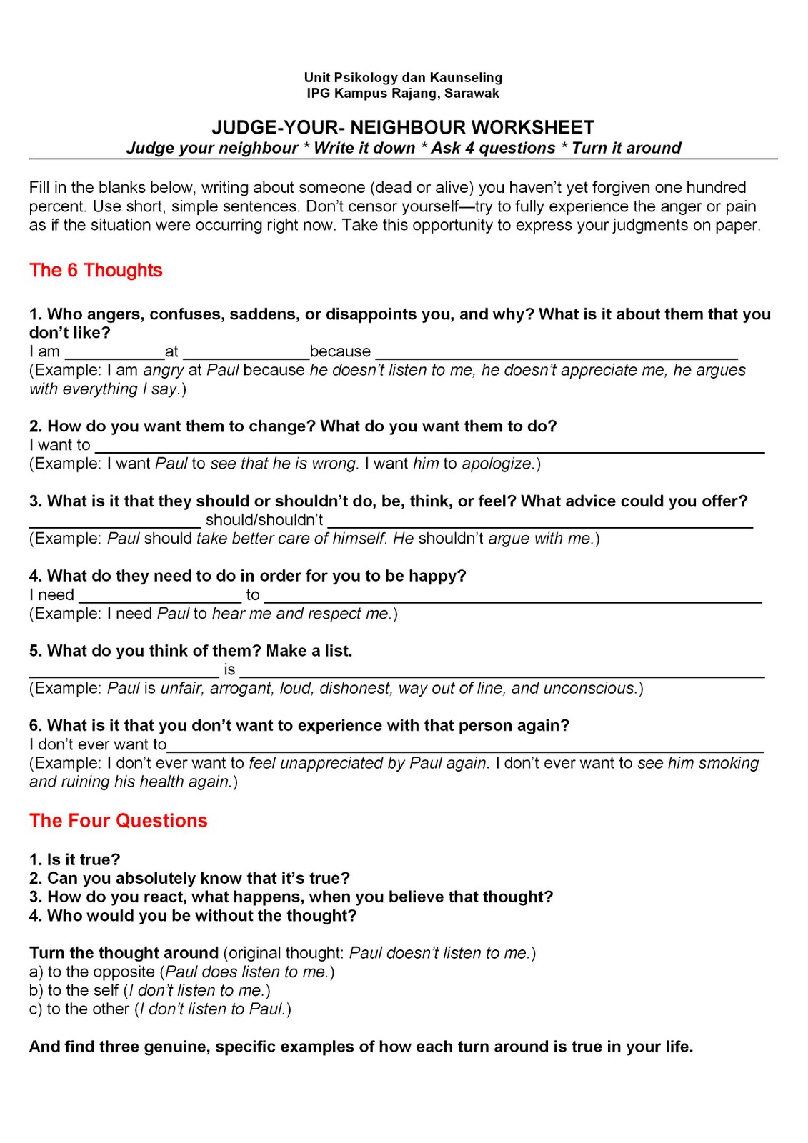 Byron Katie 4 Questions Worksheet. Worksheets. Tataiza Free printable Worksheets and Activities