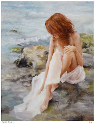 figure oil painting of woman by ocean rocks and tide pools by Sarah Trefny