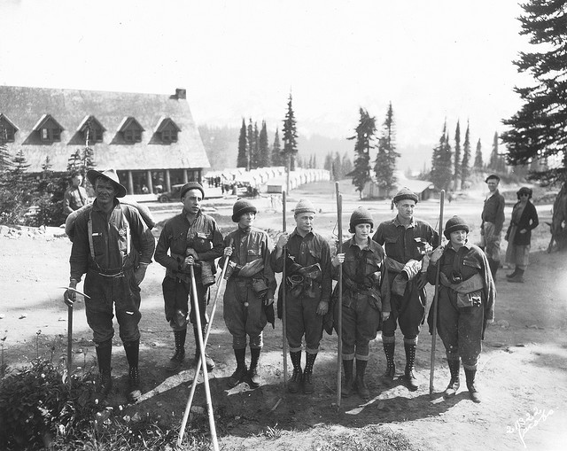 Image Title: Mazamas or mountaineers group at Paradise Inn, Mt. Rainier. Date.Original: 1920. Original Form: Gelatin silver prints. Original Collection: Gerald W. Williams Collection