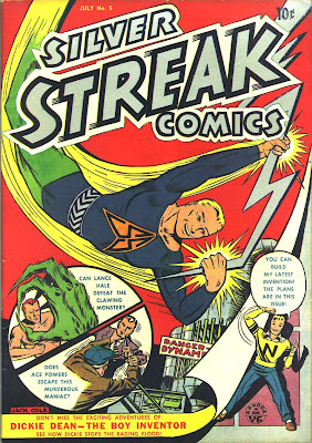 A cartoon superhero holding a lightning bolt and fyling is shown on the cover of Silver Streak Comics 5 by Jack Cole.