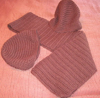 brown crocheted hats and scarf
