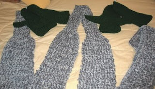 crocheted scarves and mittens