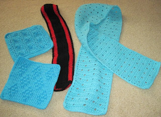 crocheted squares and scarves