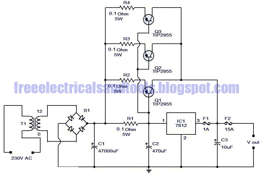 Free Schematic Diagram: 12 V – 15A Voltage Regulator Circuit
