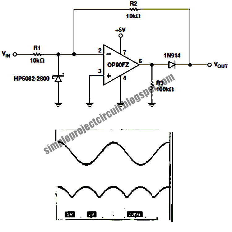 Simple Project Circuit Simple OP90 Single Op Amp FullWave Rectifier