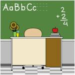 A picture of a teacher's desk with an apple on it and addition problem written on the chalkboard in the background