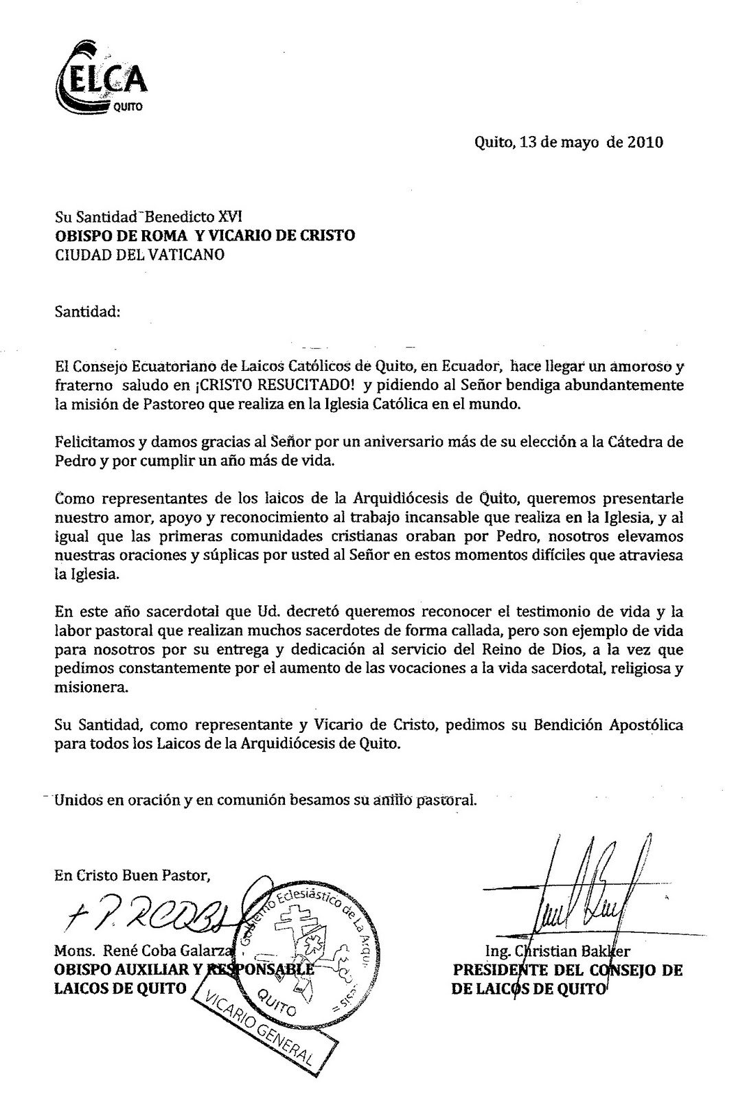 EQUIPOS DE NUESTRA SEÑORA - REGIÓN ECUADOR SUR: Publicamos la Carta que  CELCA- Consejo Ecuatoriano de Laicos Católicos, le envió a su Santidad  Benedicto XVI (hacer click sobre la imagen)