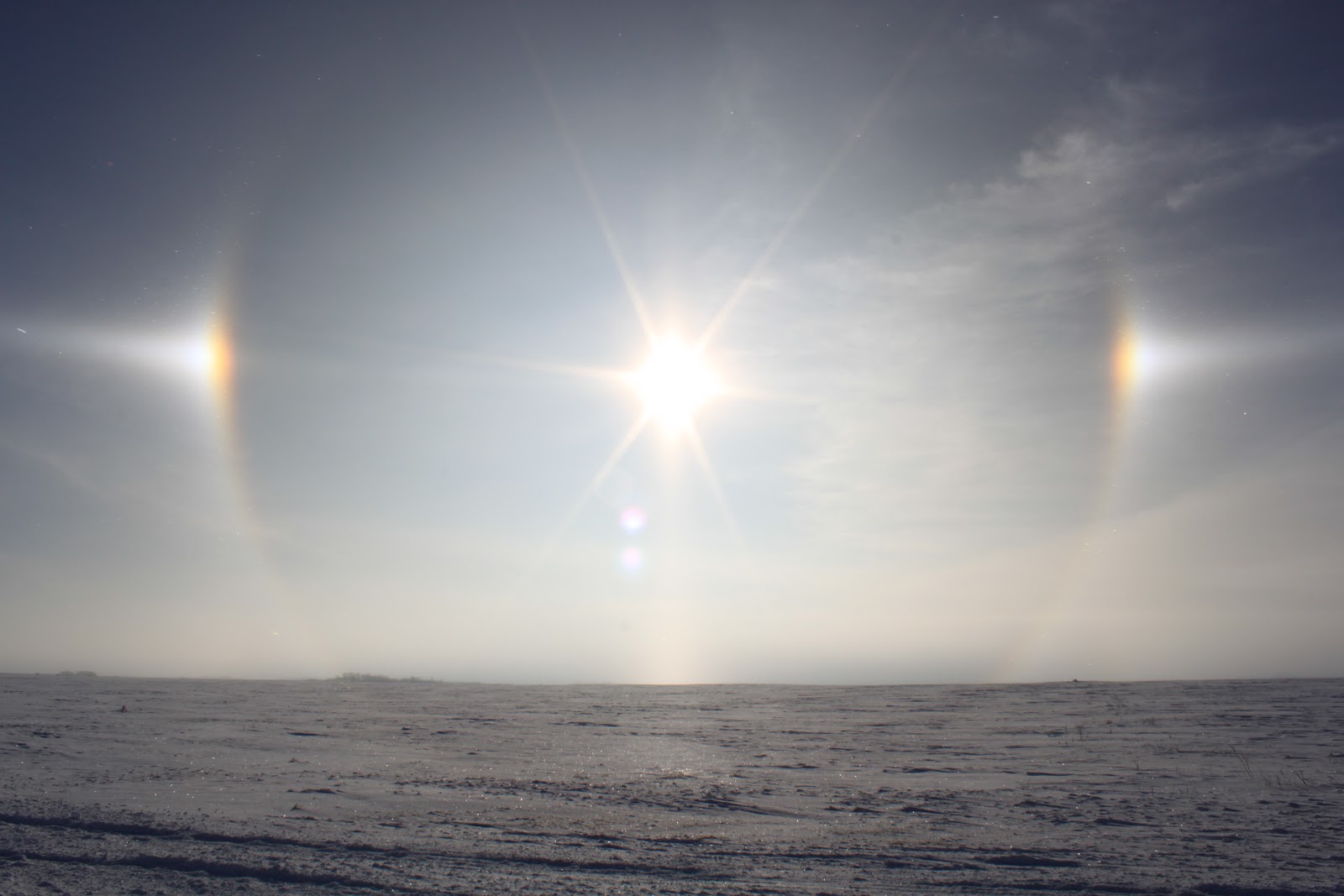 figures and dog in front of the sun