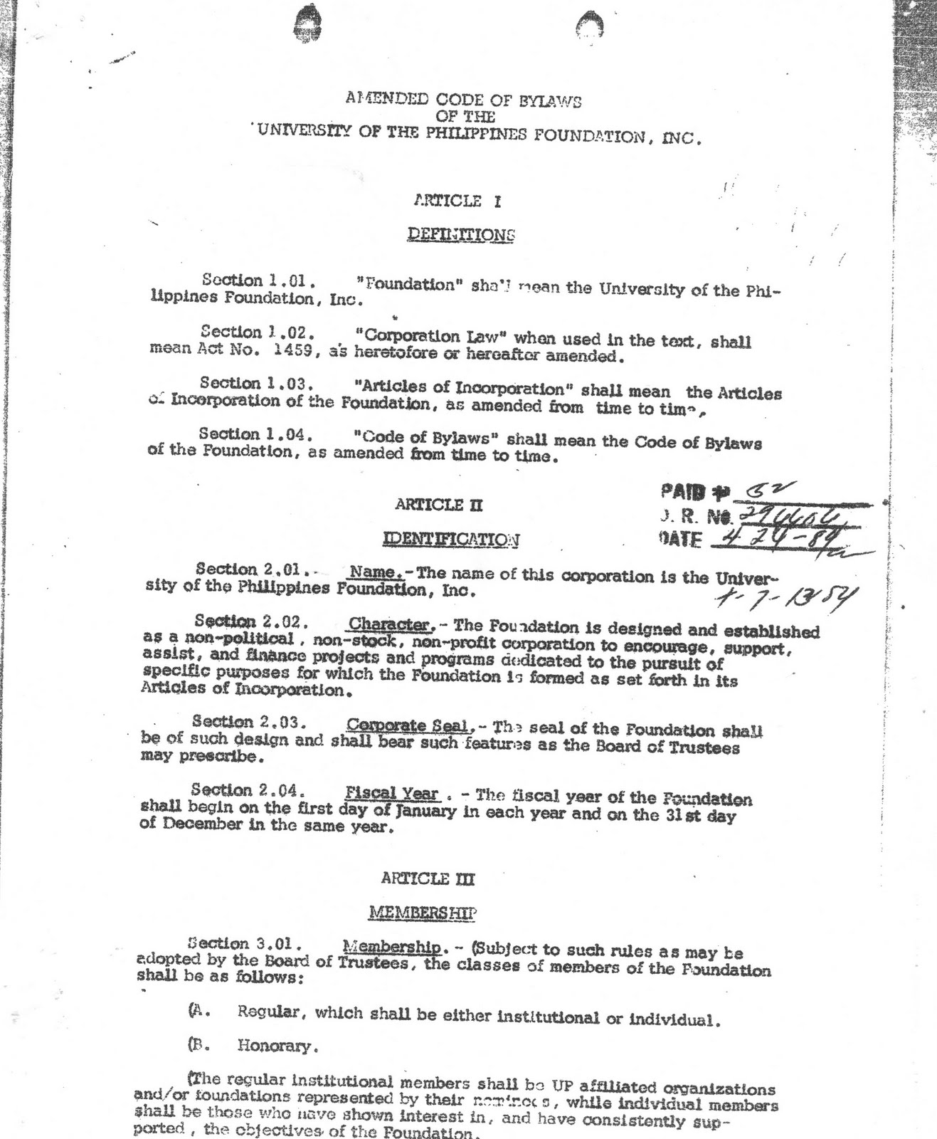 Articles of incorporation and bylaws for non-stock corporation sample picture