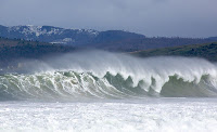 Surf on Hope Beach, with hills (Underwoods, Farewell?) above the channel covered in snow in the distance - 13th August 2008