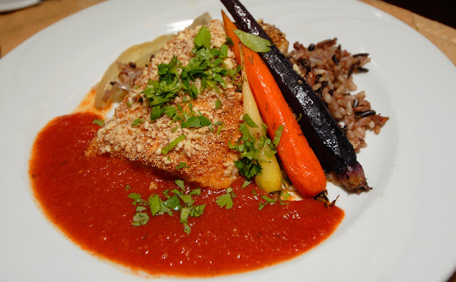 Almond Crusted Artic Char, Smoked Tomato and Cilantro Sauce.