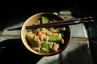A bowl of my delicious second attempt at vegetable fried rice.