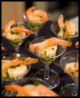 tequila marinated shrimp in a mini martini glass
