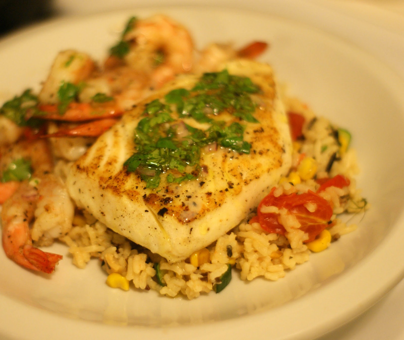 Dinner by Seven Thirty Chimichurri PanGrilled Halibut & Shrimp and