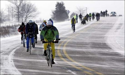 Image of bicyclists on cold ride in Iowa