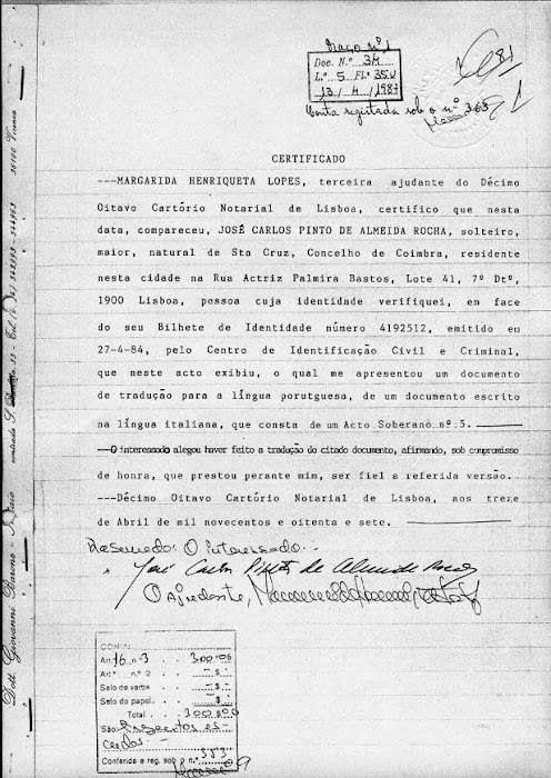 ATTO PUBBLICO DI ABDICAZIONE IN PORTOGALLO PRESSO 8° CARTORIO NOTARIAL DI LISBONA.