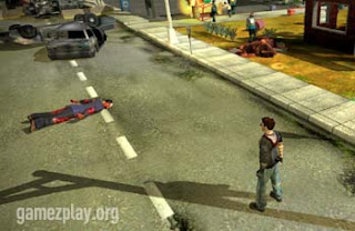 boy in street with zombies, crashed cars and fires