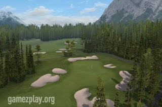 view of golf course with green bunkers and mountains
