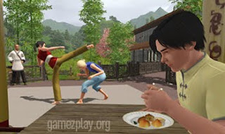 kung fu fighting boy and girls with man eating in foreground