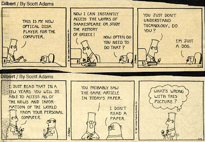 Two Dilbert cartoons about how technology will soon give us lots of information at our fingertips