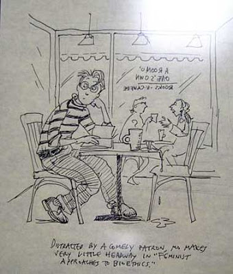 Cartoon of Mo sitting at a cafe table in a bookstore