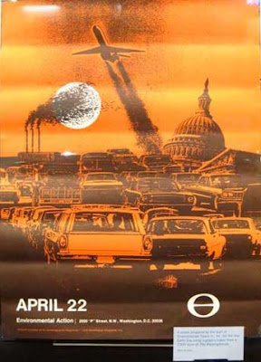 Orange poster for the first Earth Day, with graphic rendering of traffic and pollution