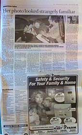 Newspaper page with a photo at top and ad at bottom
