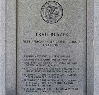 Photo of Roland Burris's mausoleum, detailing his list of firsts