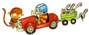 Illustration of a gorilla with a helmet driving a go kart, towing three skunks in a green trailer