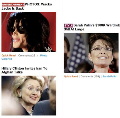 Three photos/stories with odd photos of Michael Jackson, Sarah Palin and Hilary Clinton
