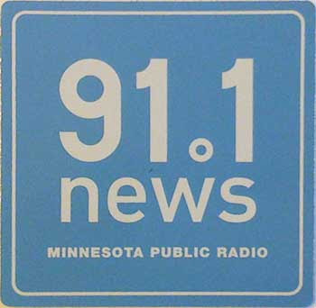 Square blue sticker reading 91.1 new Minnesota Public Radio