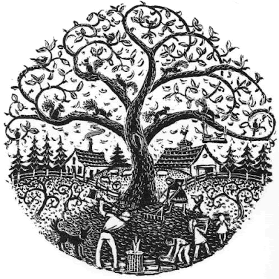 Scratch board tree with people raking leaves beneath it