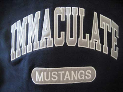 High school sport sweatshirt reading Immaculate Mustangs