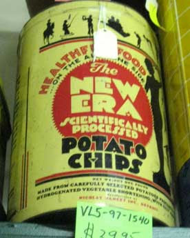 Art deco tin of potato chips, promoting Scientifically Processed Potato Chips