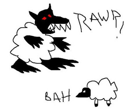 Black wolf with red eyes and white sheep padding near a real sheep