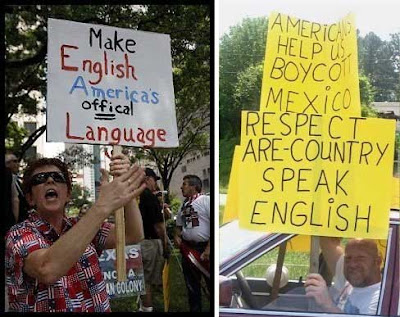 Two signs, one reading Make English America's offical language, the other Respect are country speak English