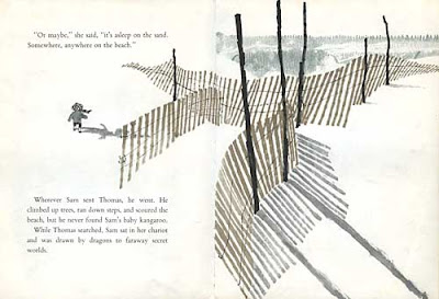 Two page spread from Sam of a wooden picket fence amid dunes on the shore